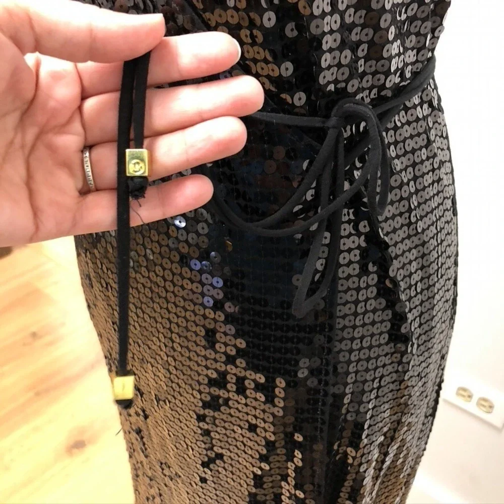 Michael Kors Sequin Wrap Dress‎ Womens XXS Black LBD Party Edgy Sleek